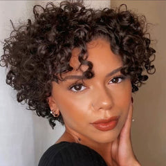Amecire short curly wig for Black women, angled view shows natural curls