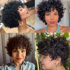 Amecire short curly wig front view reveals lush volume and smooth texture
