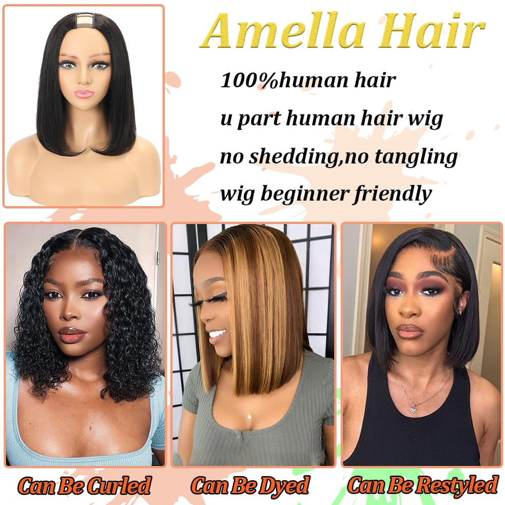 Amella U-Part Wig natural black color blends with real hair.