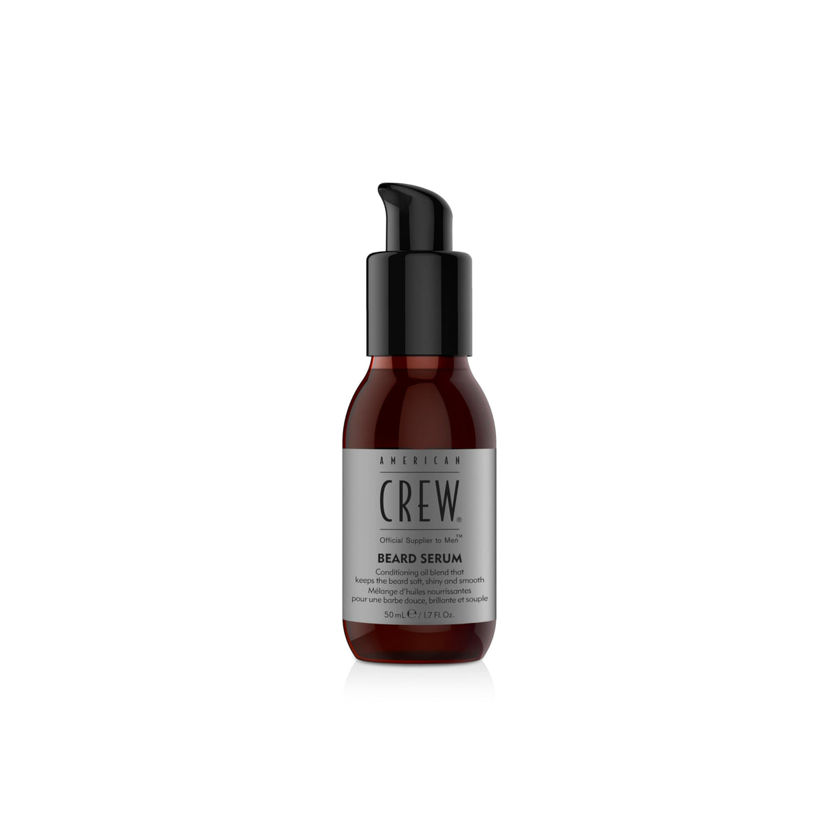 American Crew Beard Conditioner Serum bottle shows quick conditioning for a soft, groomed beard