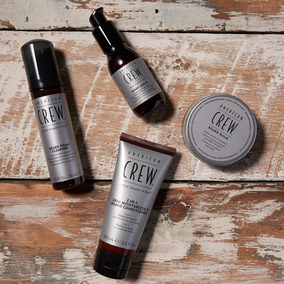 American Crew Beard Conditioner Serum close-up captures shiny, nourished beard details