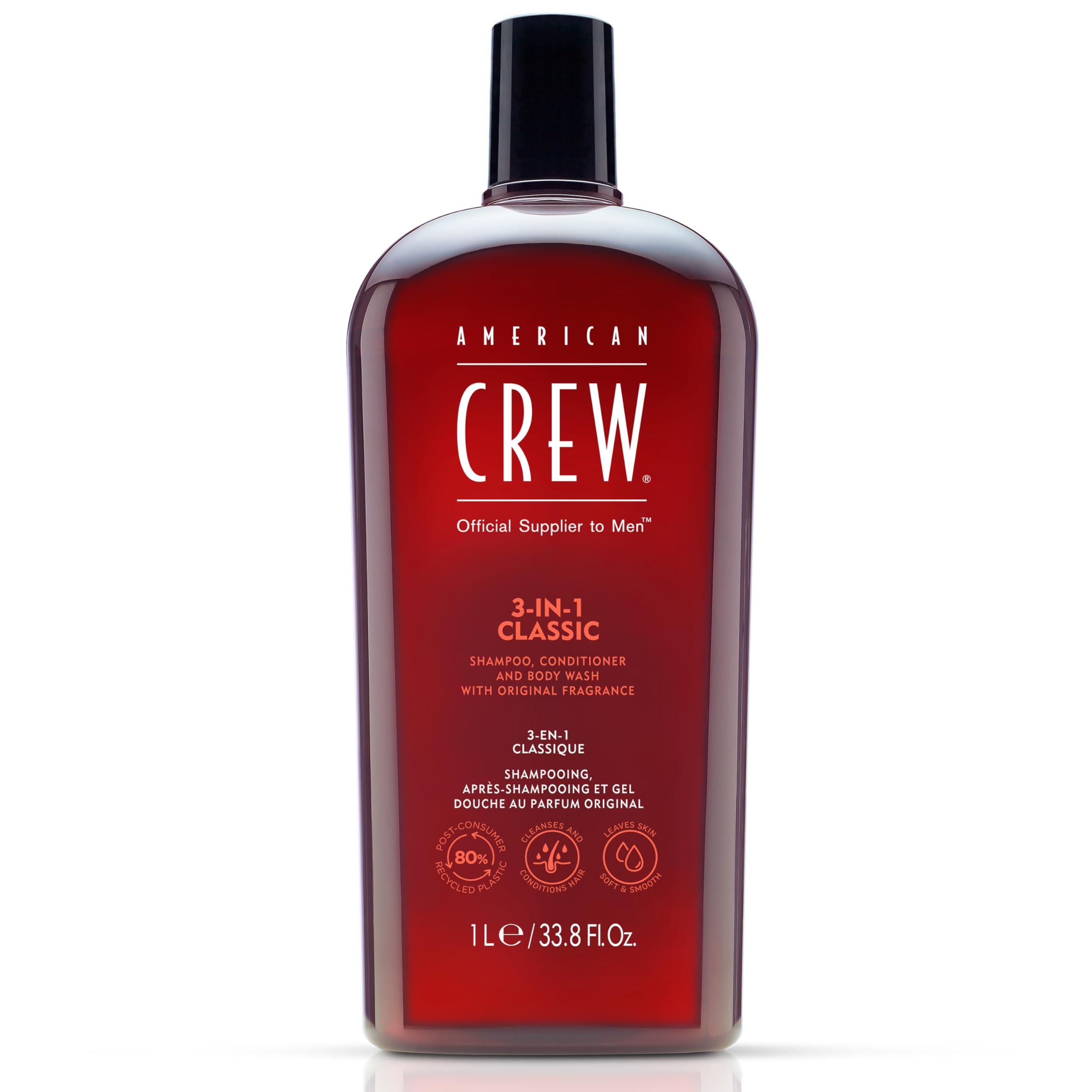 American Crew 3-en-1, botella en la ducha para lavado y cuidado de piel y cabello.