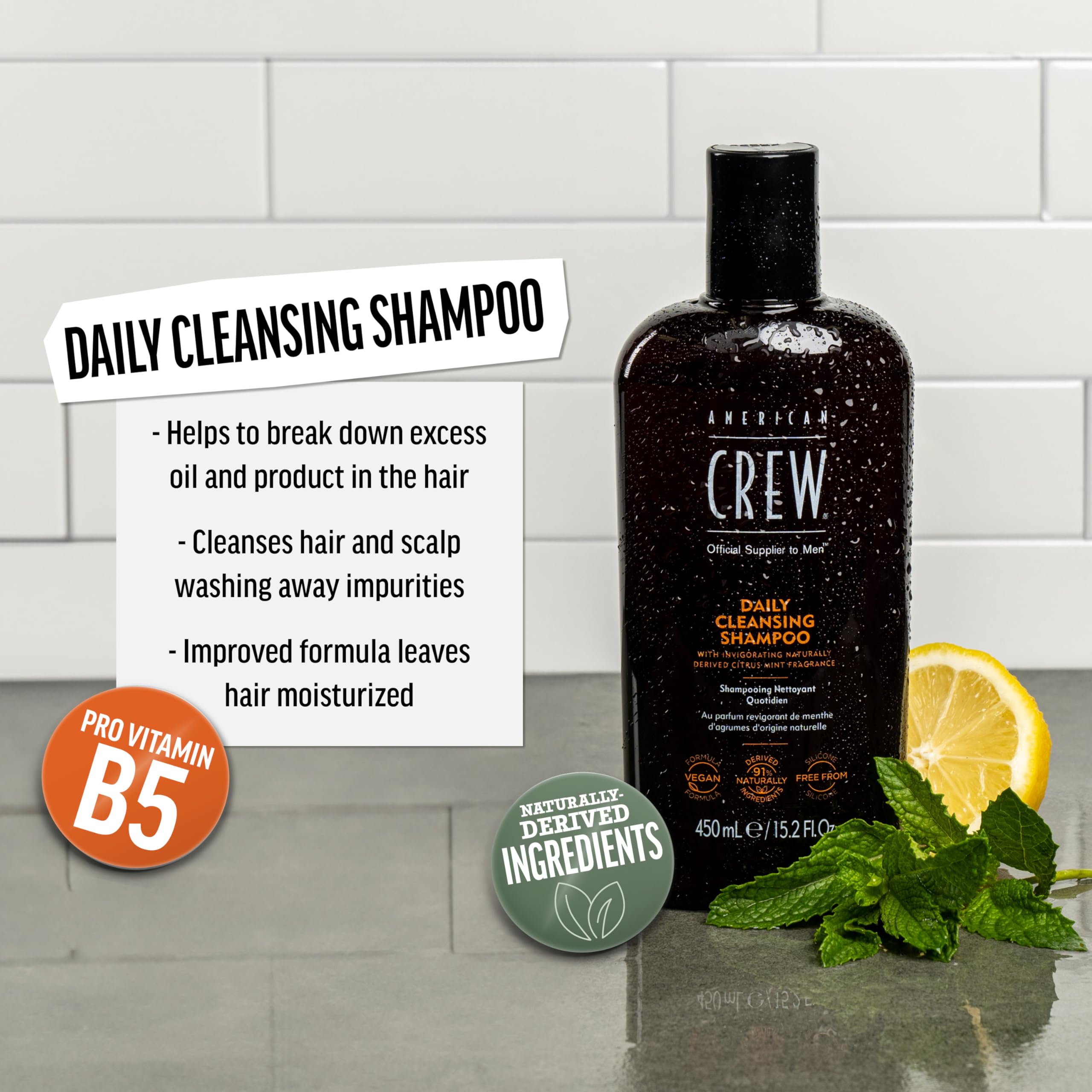 Champú American Crew: aplicación suave con espuma para cabello limpio y manejable.