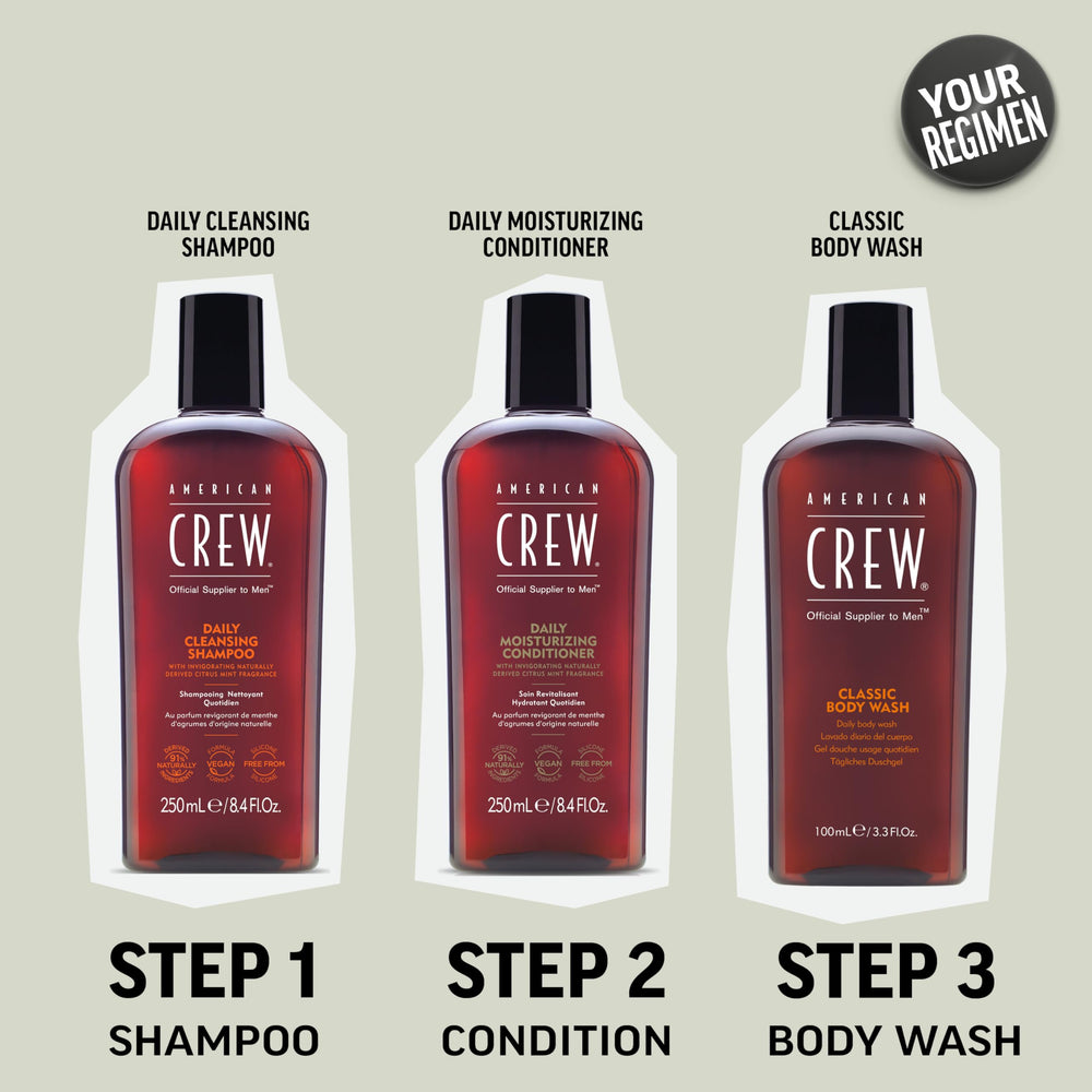 Champú American Crew: cabello suave y saludable tras el lavado, fragancia fresca.