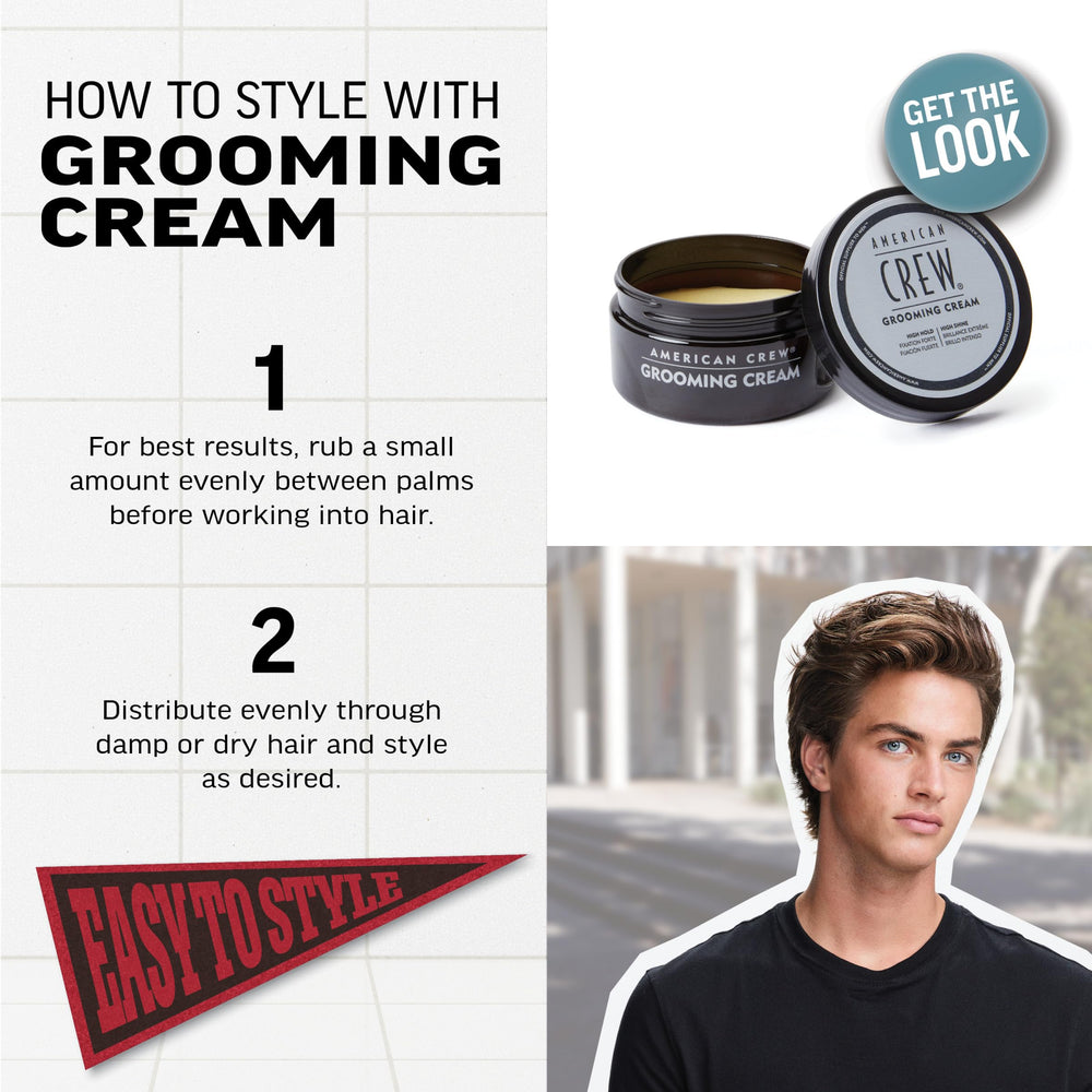 American Crew crema de peinado, aplicar en cabello humedecido para peinado duradero.
