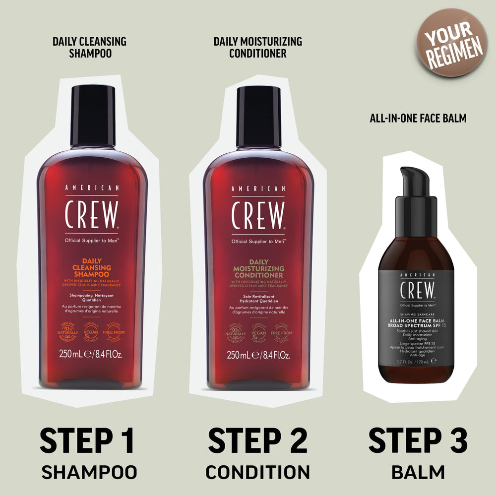 American Crew Daily Cleanser bottle visuals convey clean, soft hair and confidence