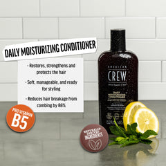 American Crew Daily Moisturizing Conditioner label close-up showing vegan silicone-free formula.