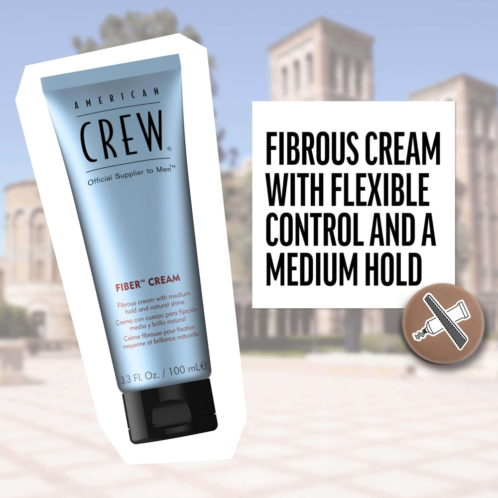 Close-up of American Crew Fiber Cream texture for defined, frizz-free hair.