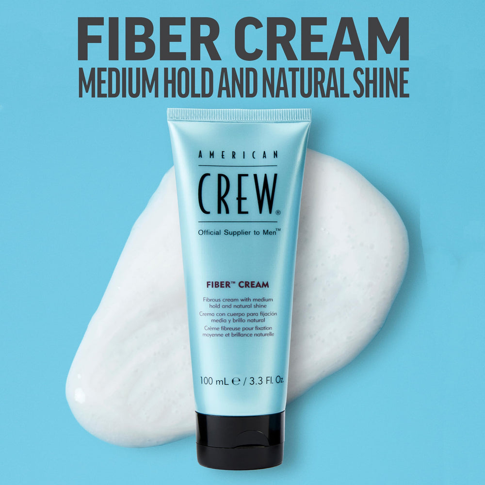 Packaging display of American Crew Fiber Cream on shelf.