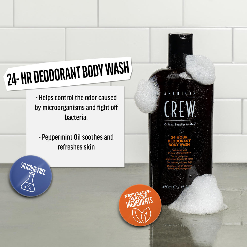 Gel de baño American Crew vertido en la palma para ducha diaria.