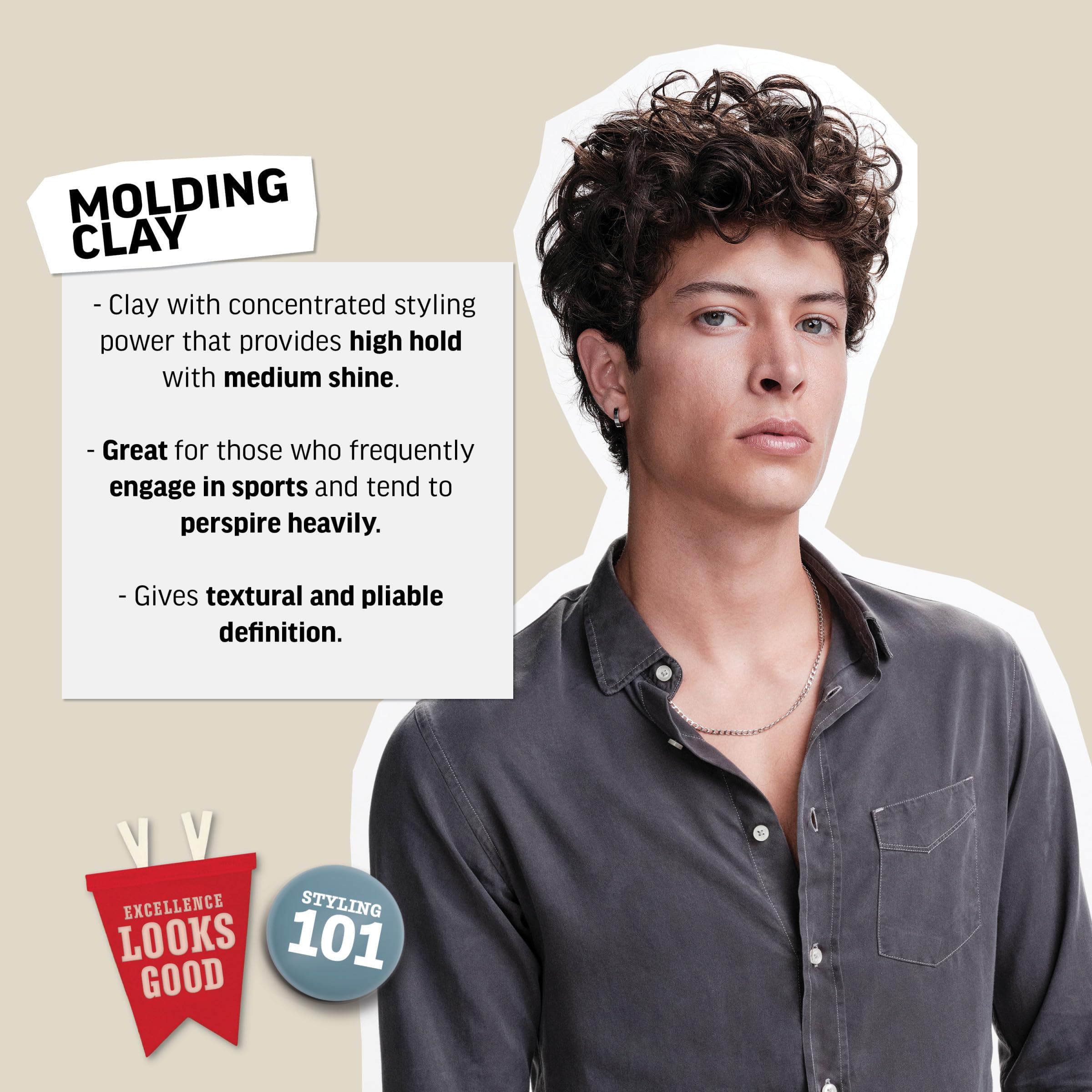 American Crew Hair Molding Clay, agarre alto y brillo medio para un look definido.