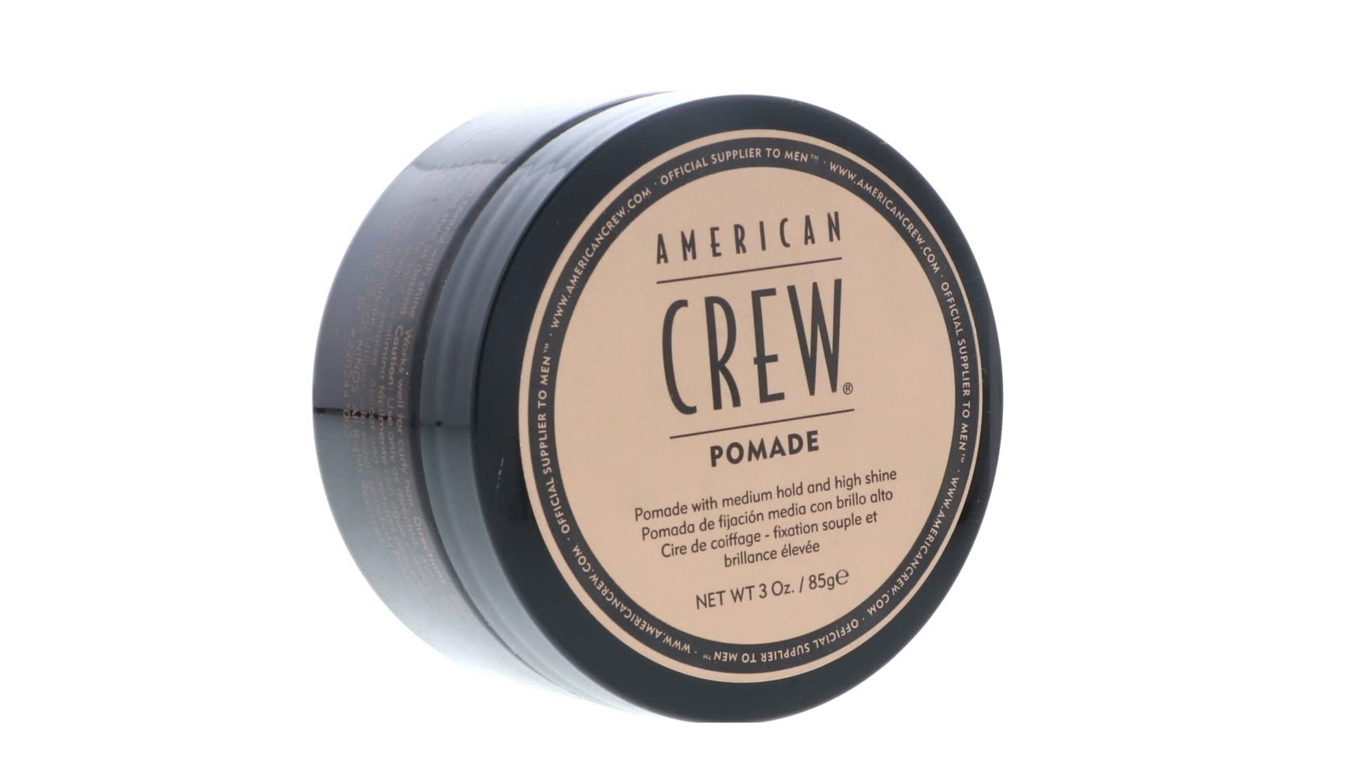 American Crew hair pomade pack-2 jar closeup shows high shine for a polished finish