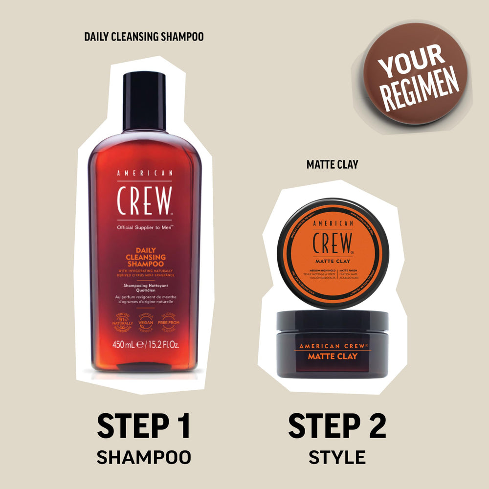 Matte finish achieved with American Crew Matte Clay for versatile styles.