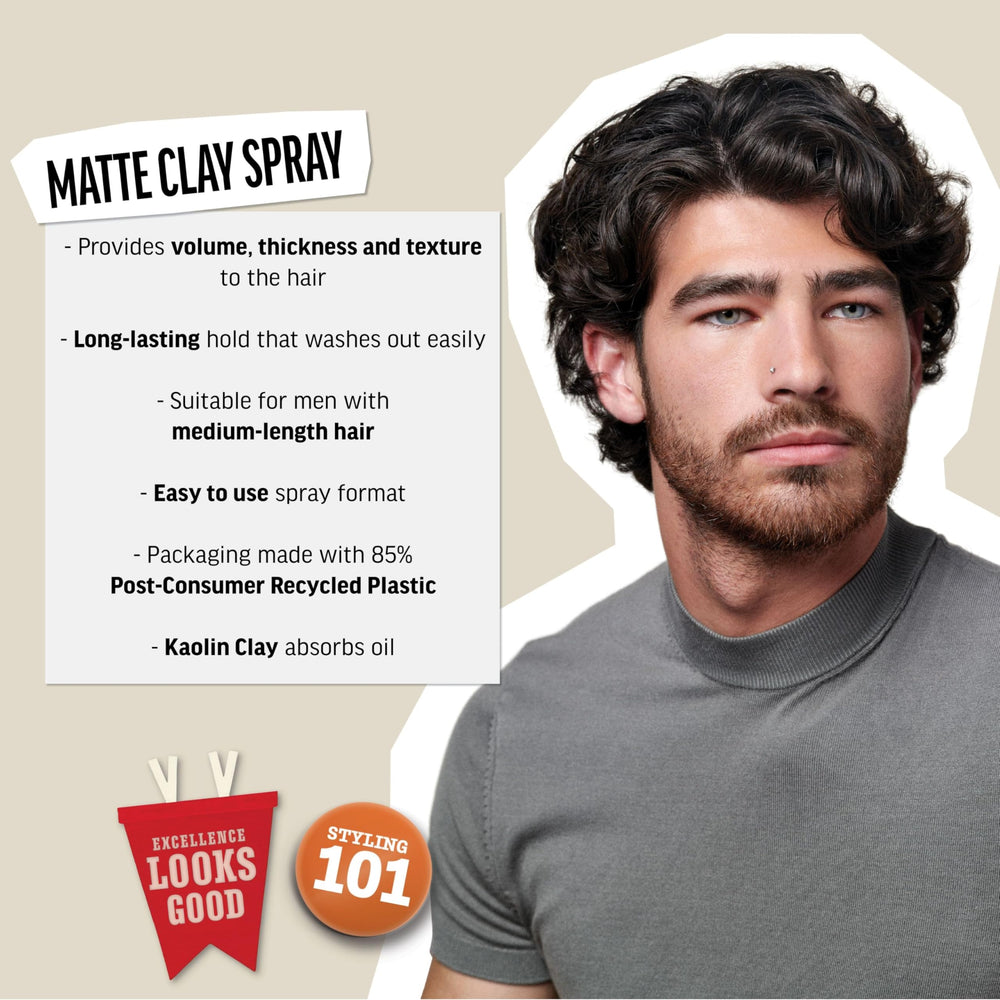 Textura del cabello destacada con American Crew Matte Clay Spray para acabado natural.