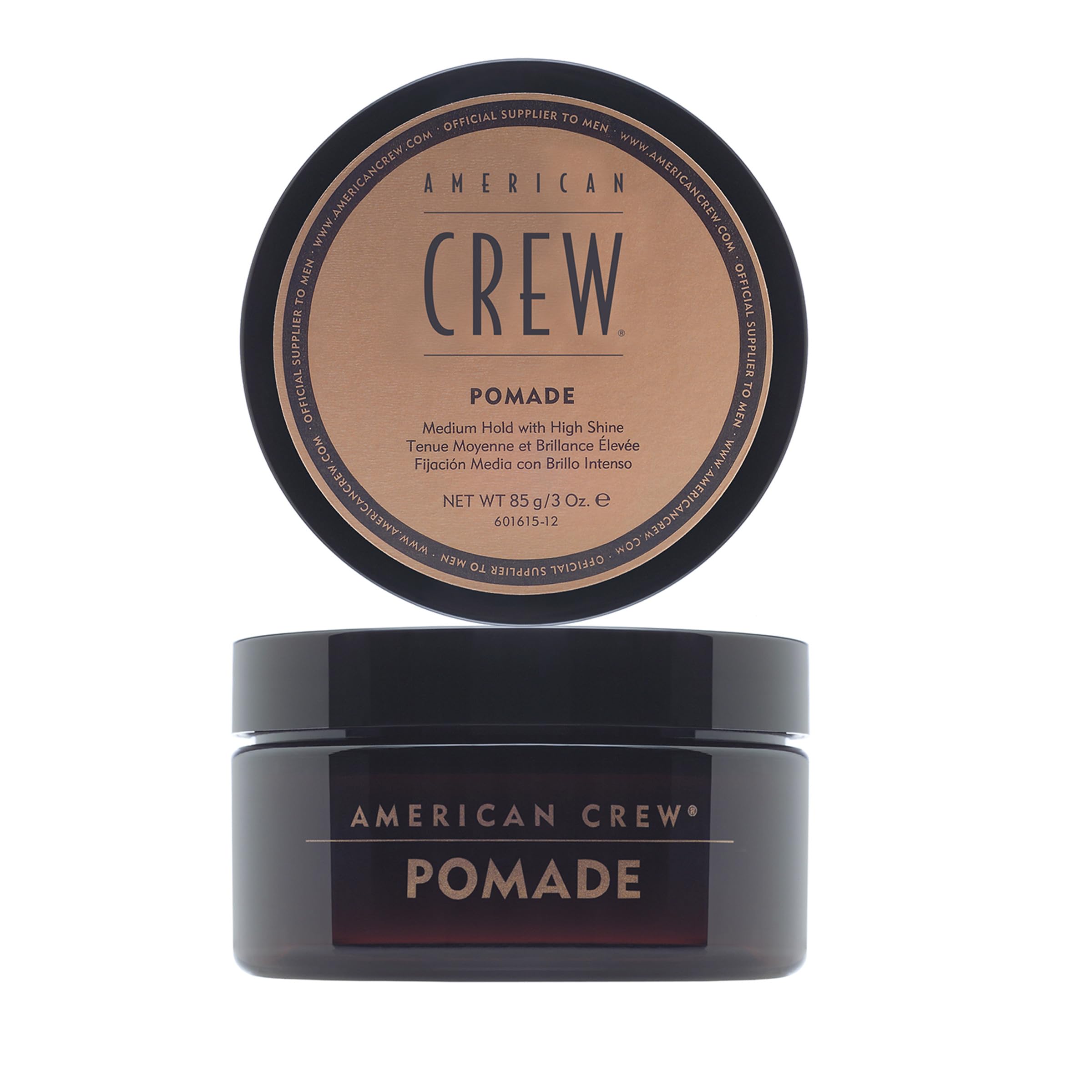 Pomada American Crew para cabello con fijación media y brillo alto, ideal para estilo pulido.