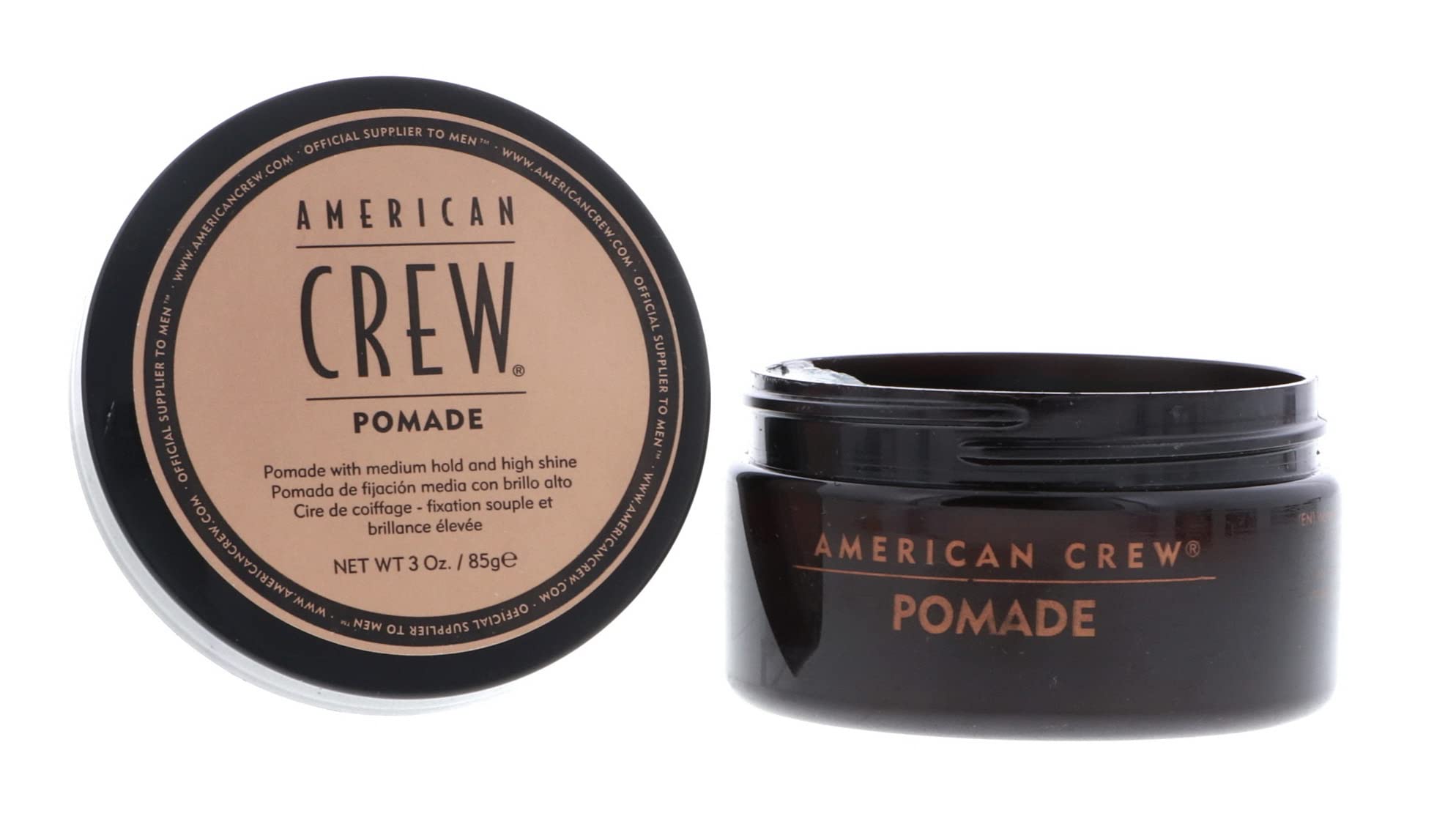 American Crew Pomade 3oz jar – back view, ready for daily grooming.