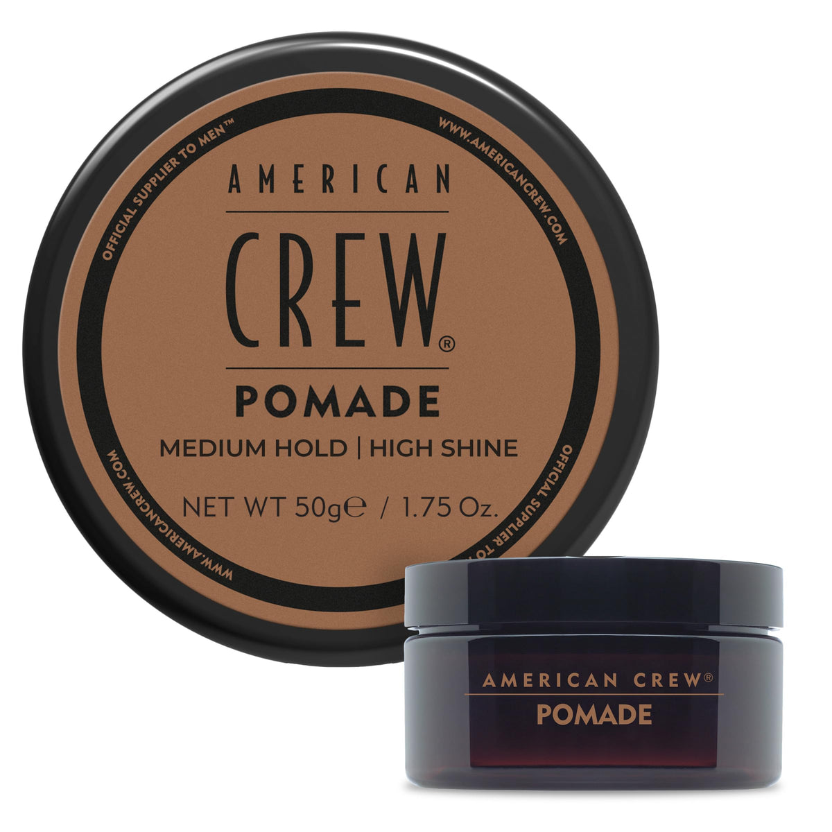 American Crew Pomade bottle with slicked-back hair for a classic shine and defined style
