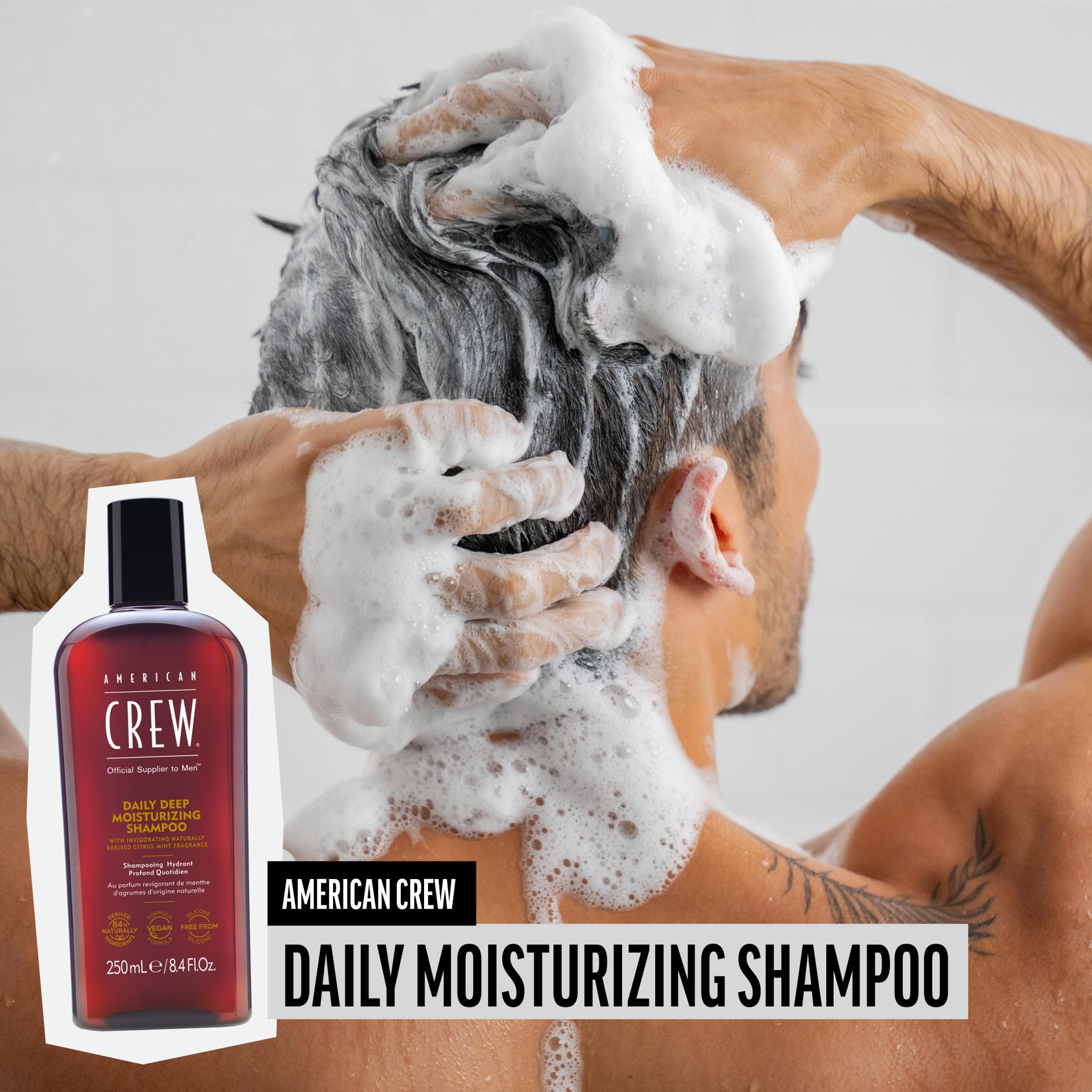 American Crew Shampoo muestra cabello suave y brillo saludable.