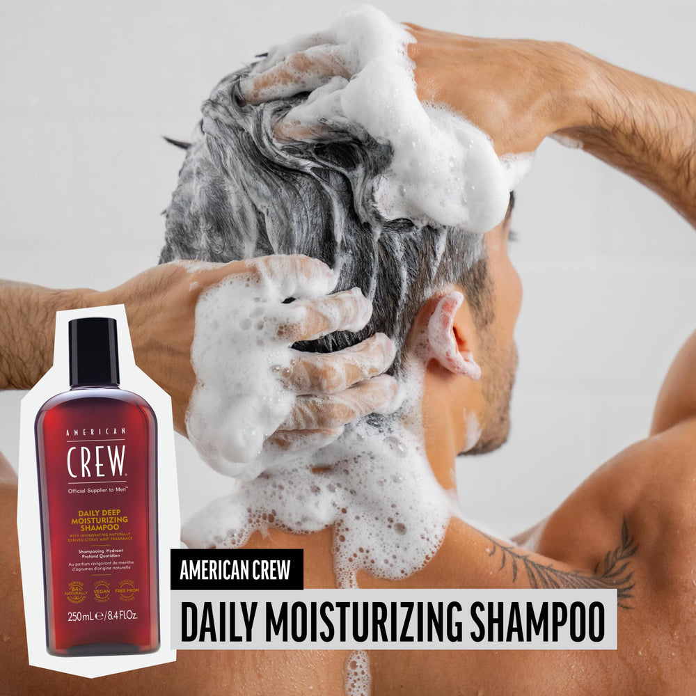 American Crew Shampoo muestra cabello suave y brillo saludable.