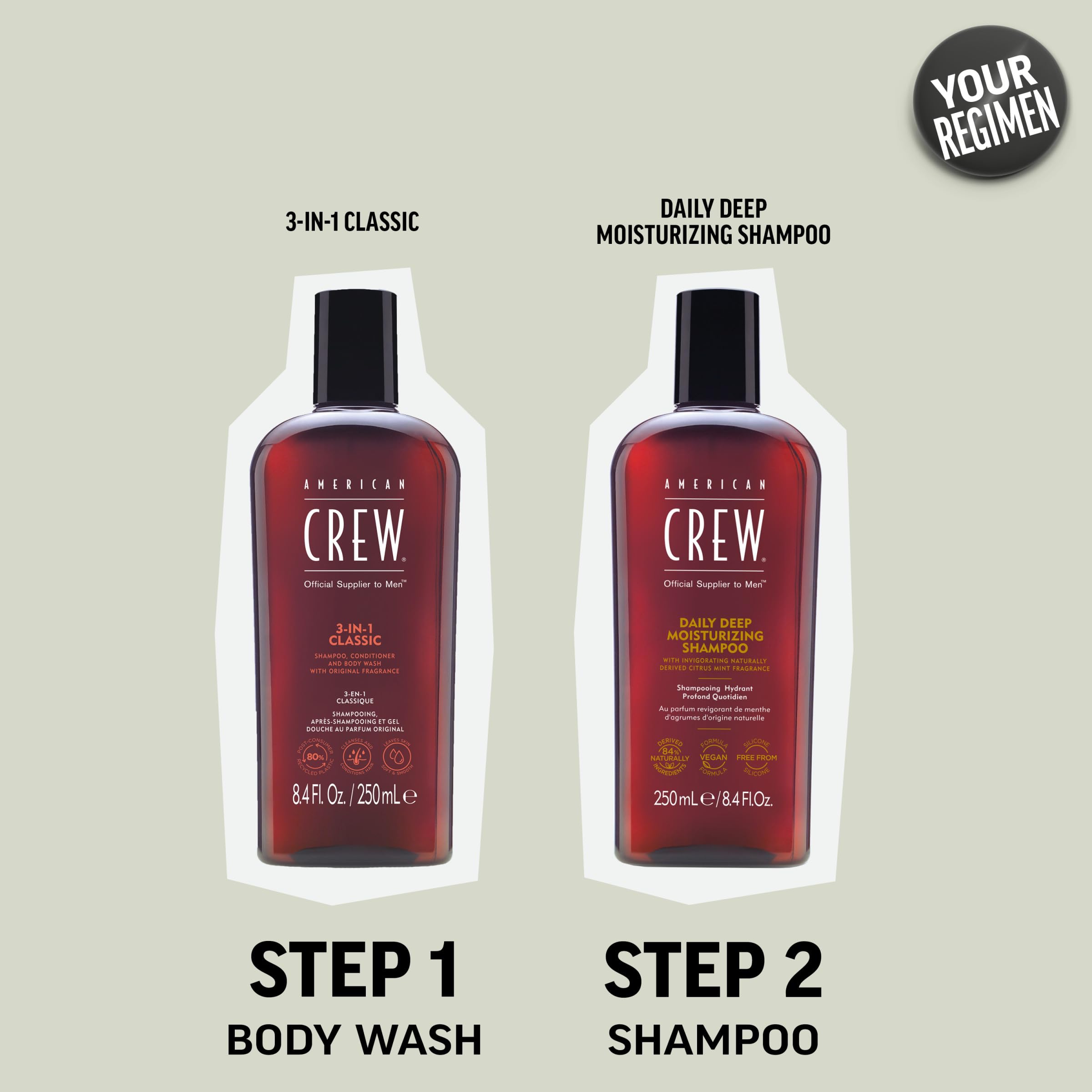 American Crew Shampoo vegano sin siliconas para uso diario.