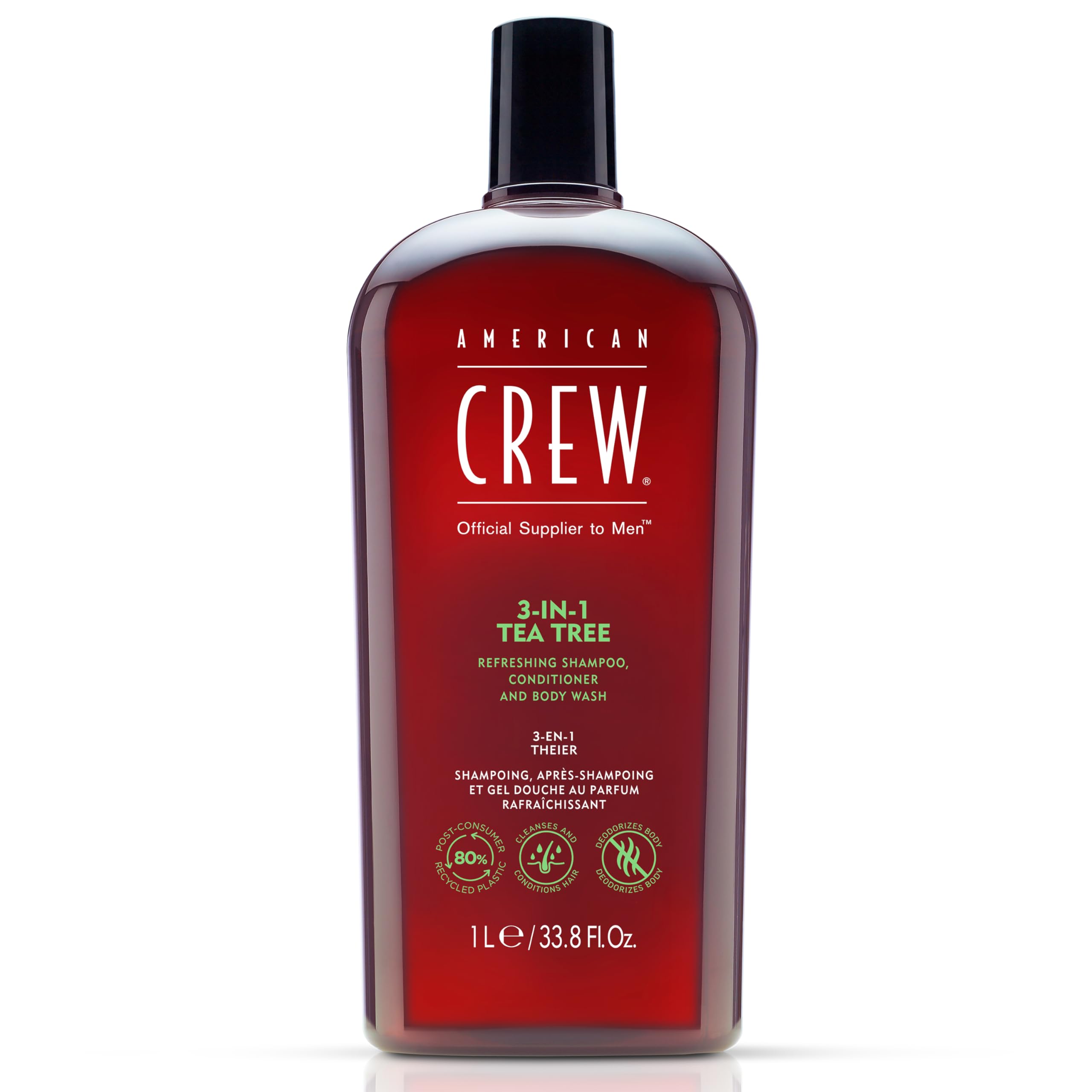 American Crew Tea Tree 3-in-1 bottle delivering refreshing cleansing for hair and skin.