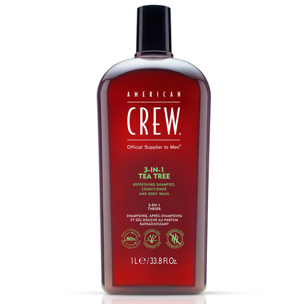 American Crew Tea Tree 3-in-1 bottle delivering refreshing cleansing for hair and skin.
