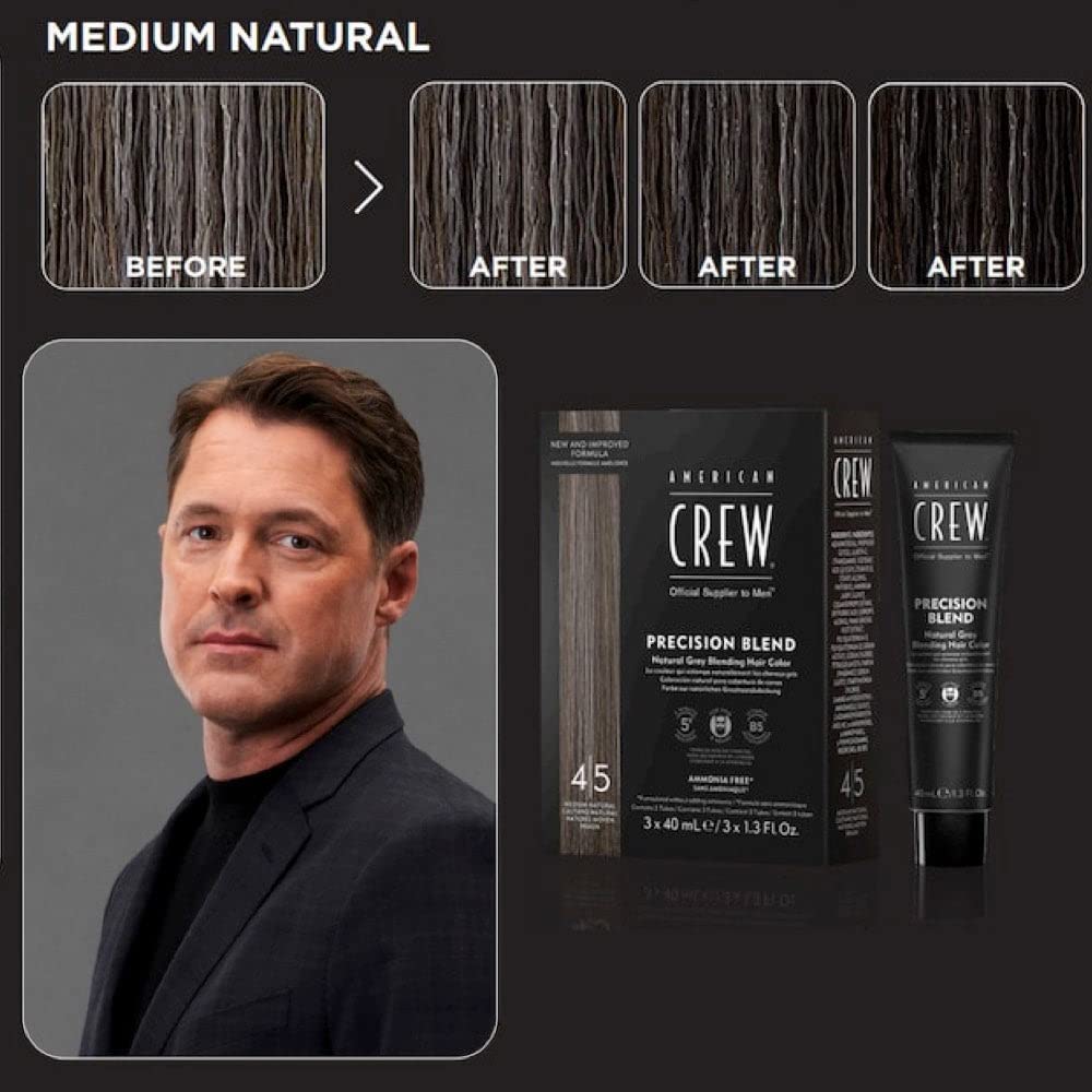 American Crew model displaying natural gray coverage on hair and beard