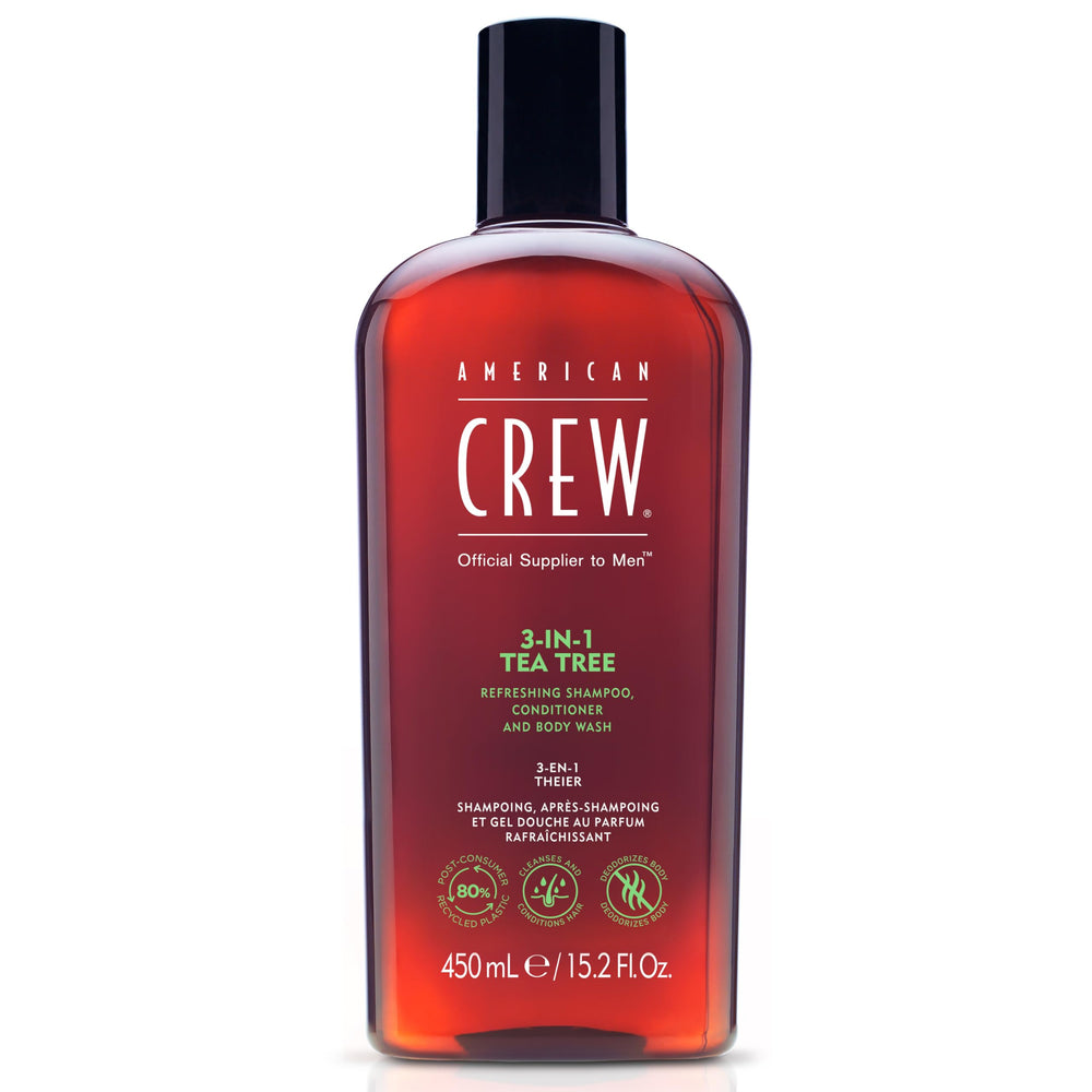 AMERICAN CREW 3-en-1 con árbol de té, limpieza suave para cabello y piel.