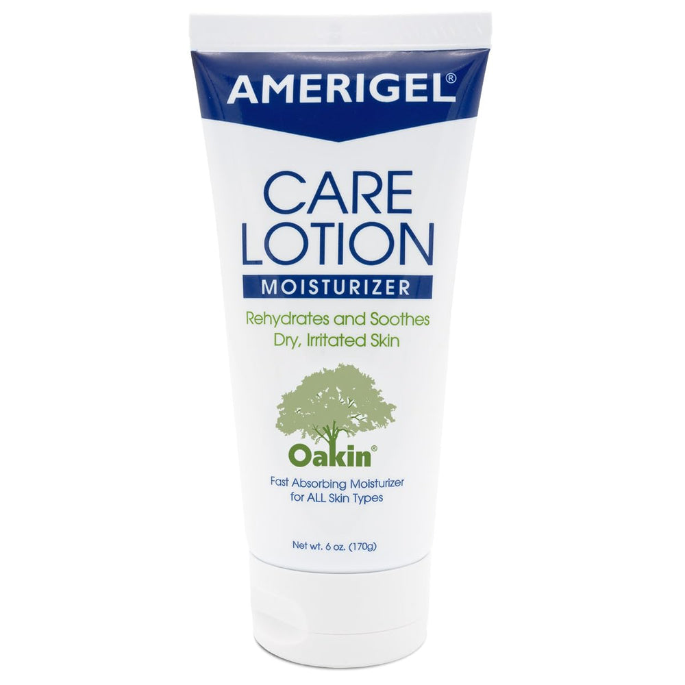 AMERIGEL Care Lotion botella 6oz: hidratación suave para piel seca y sensible.
