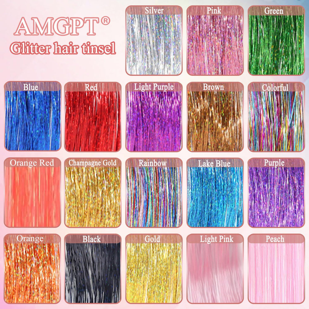 AMGPT Hair Tinsel Kit color palette with 18 shades.