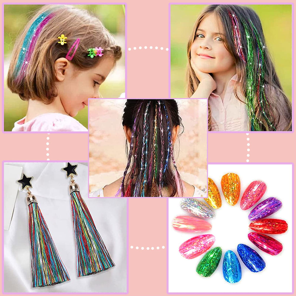 AMGPT Hair Tinsel Kit clips and ponytail hoops for secure styling.