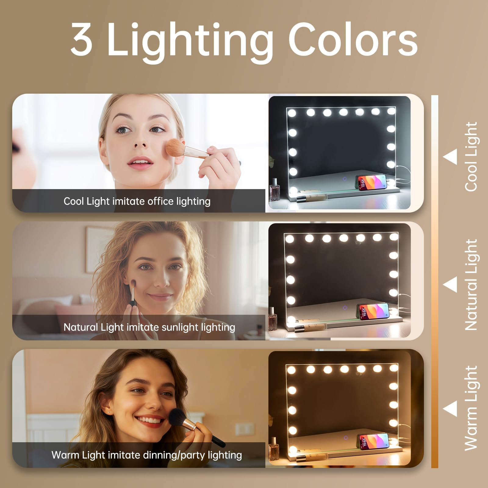 Amifiy vanity mirror with 15 LED bulbs delivering bright, adjustable lighting.
