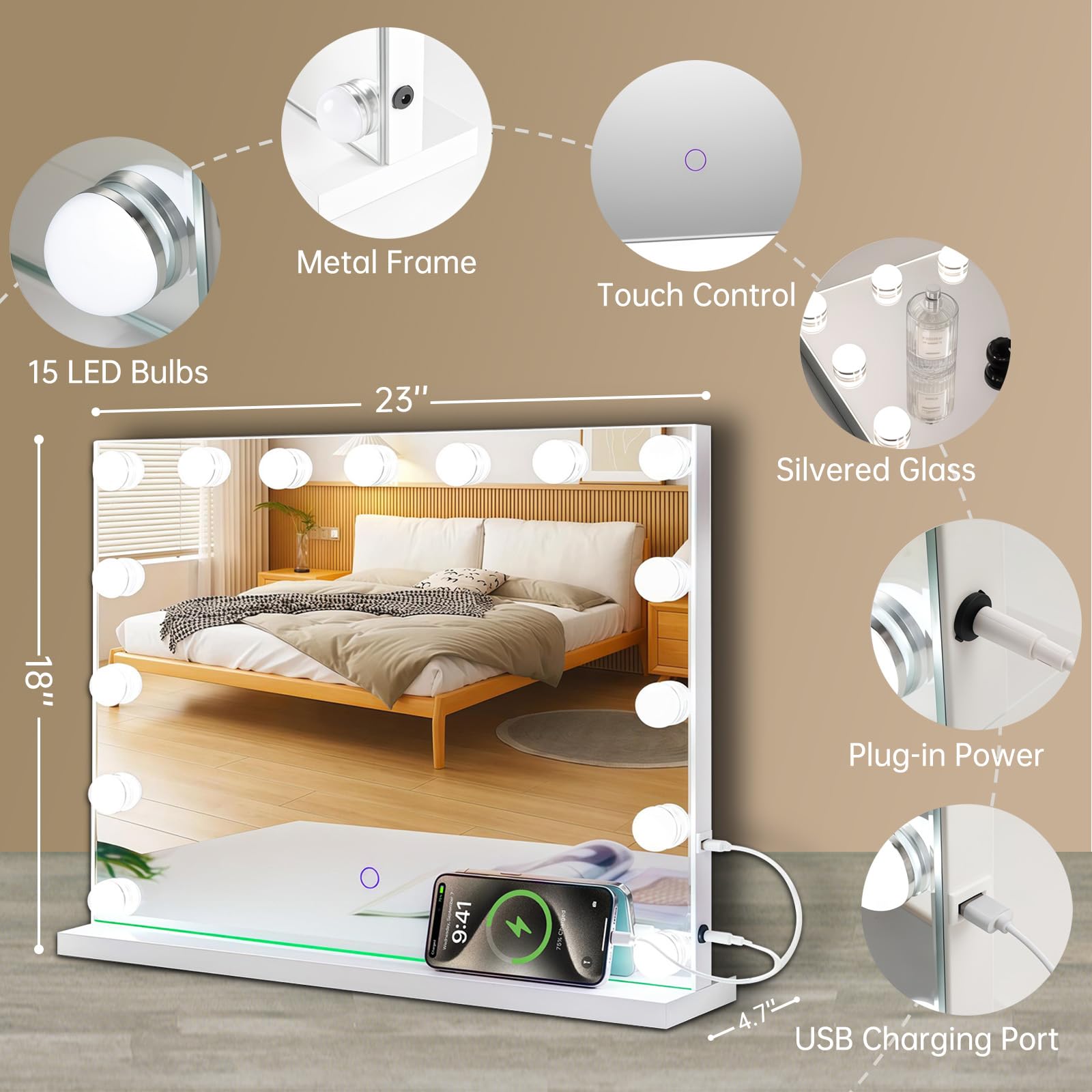 Amifiy vanity mirror with three lighting modes for day, warm, cool looks.