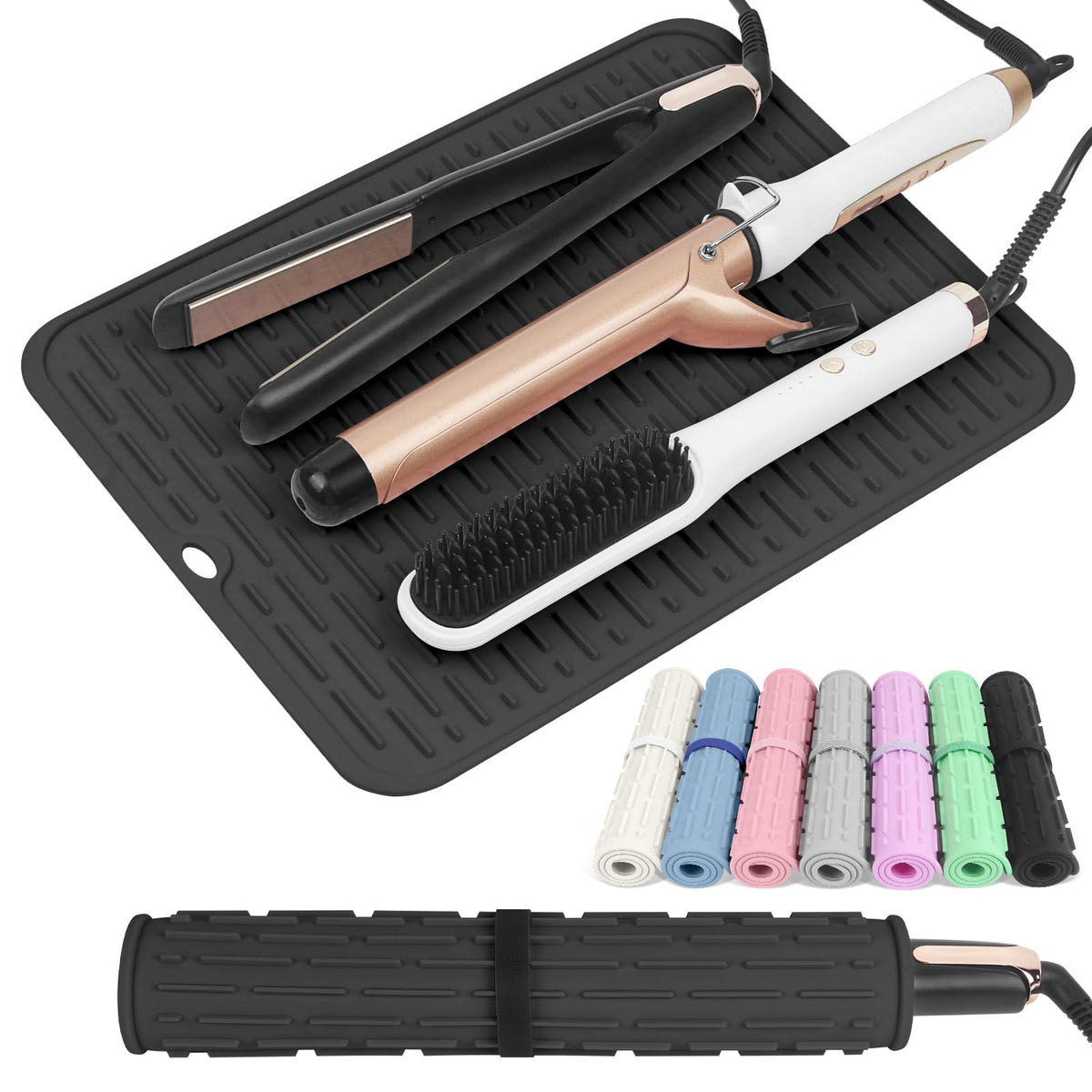 AMIJEAL oversize silicone mat shields counters while styling multiple hot tools