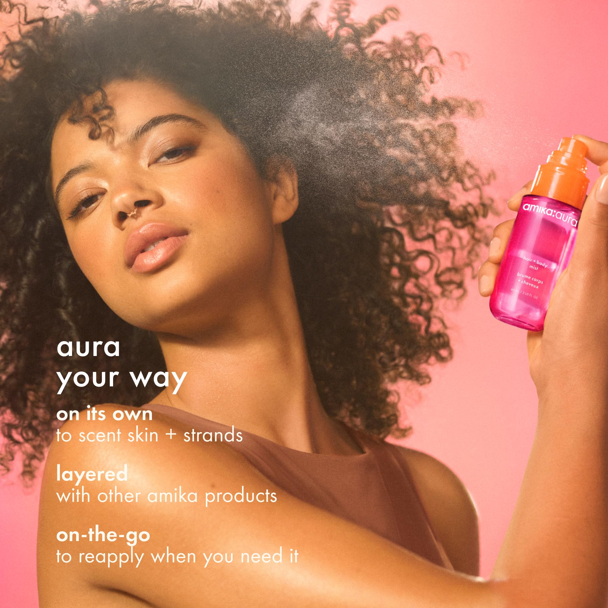 amika aura mist being sprayed demonstrates quick refresh for hair and skin