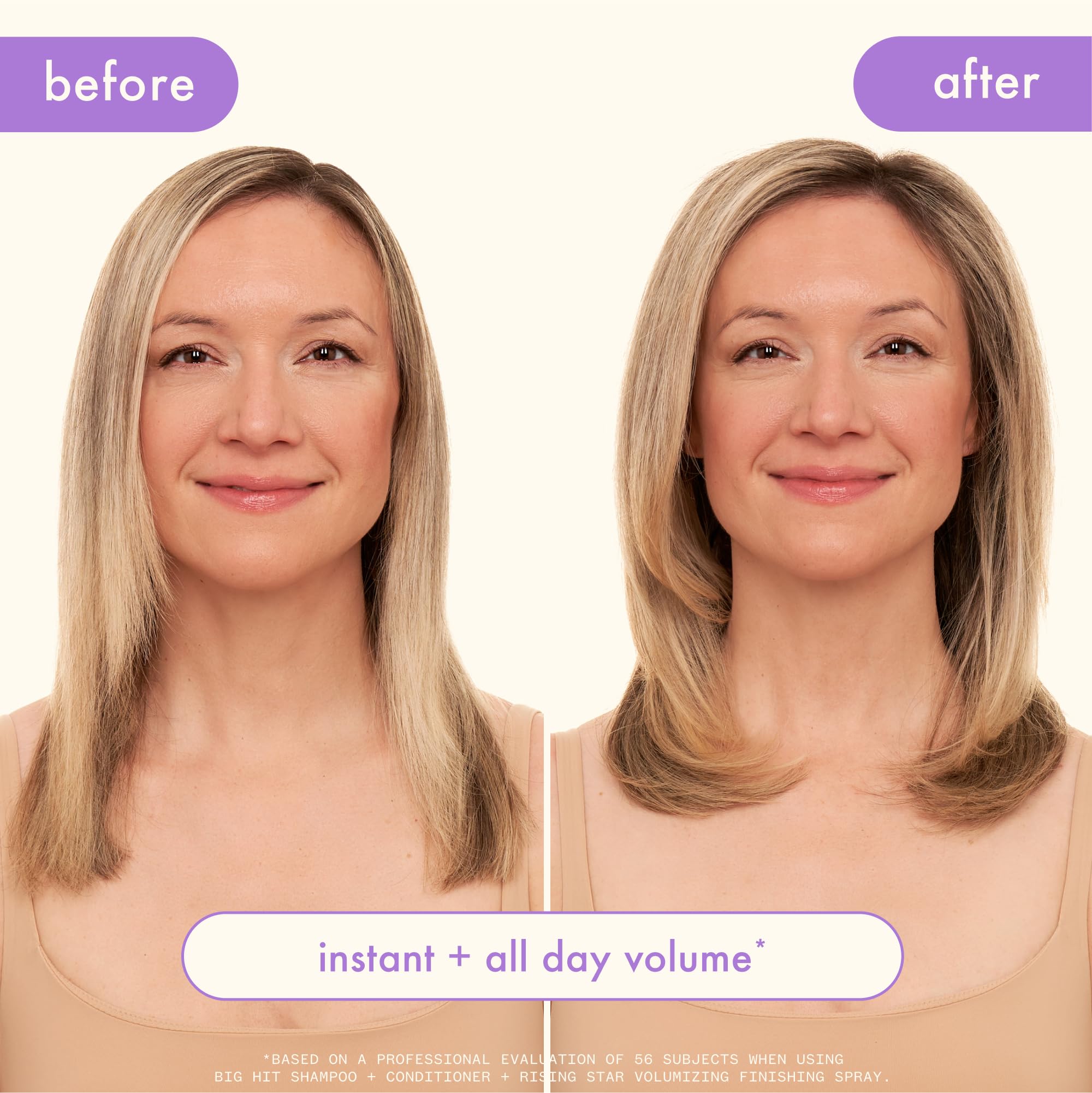 Amika Big Hit before-after hair showcases noticeable lift and bounce.