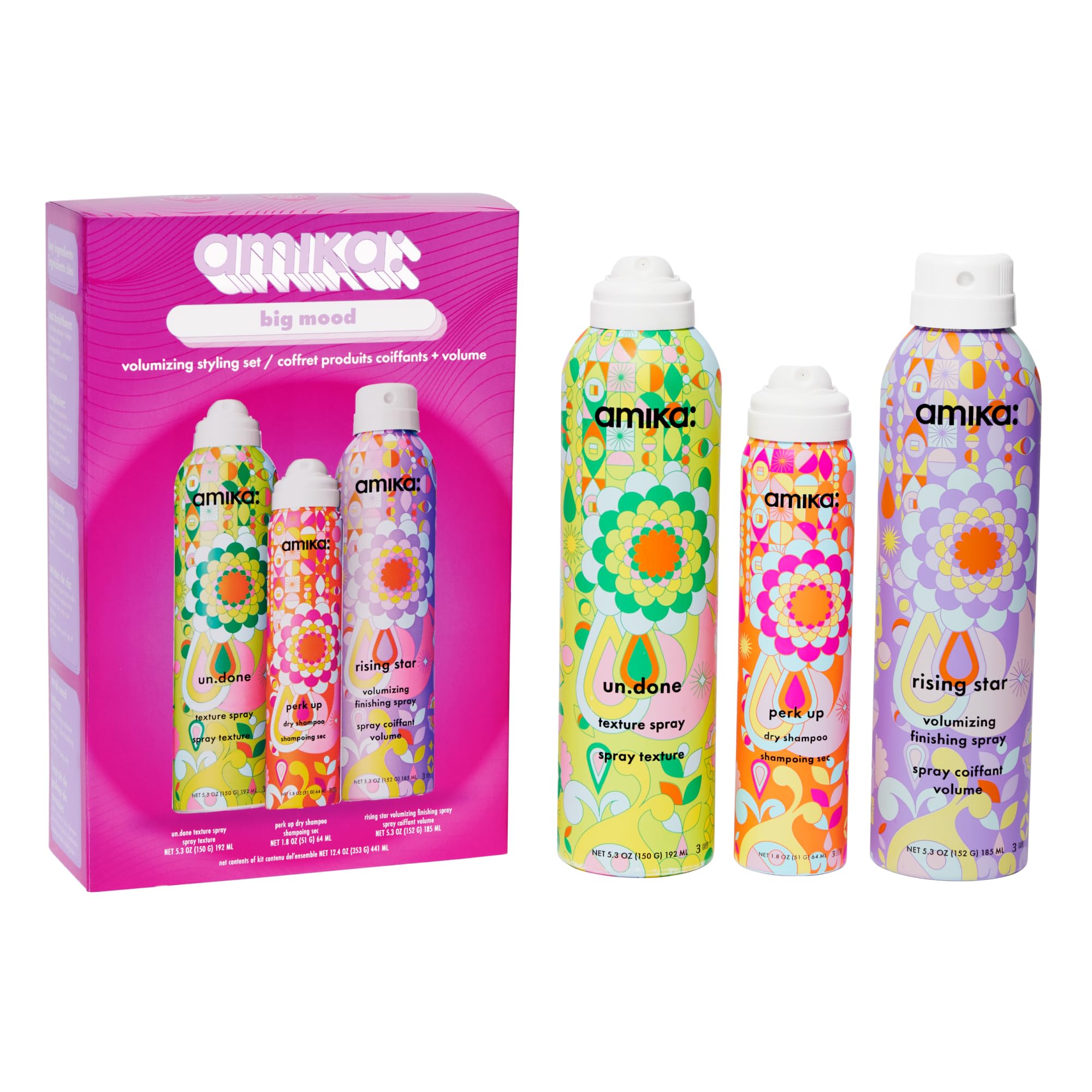 Amika Big Mood volumizing finishing spray bottle promoting root lift and lasting volume.