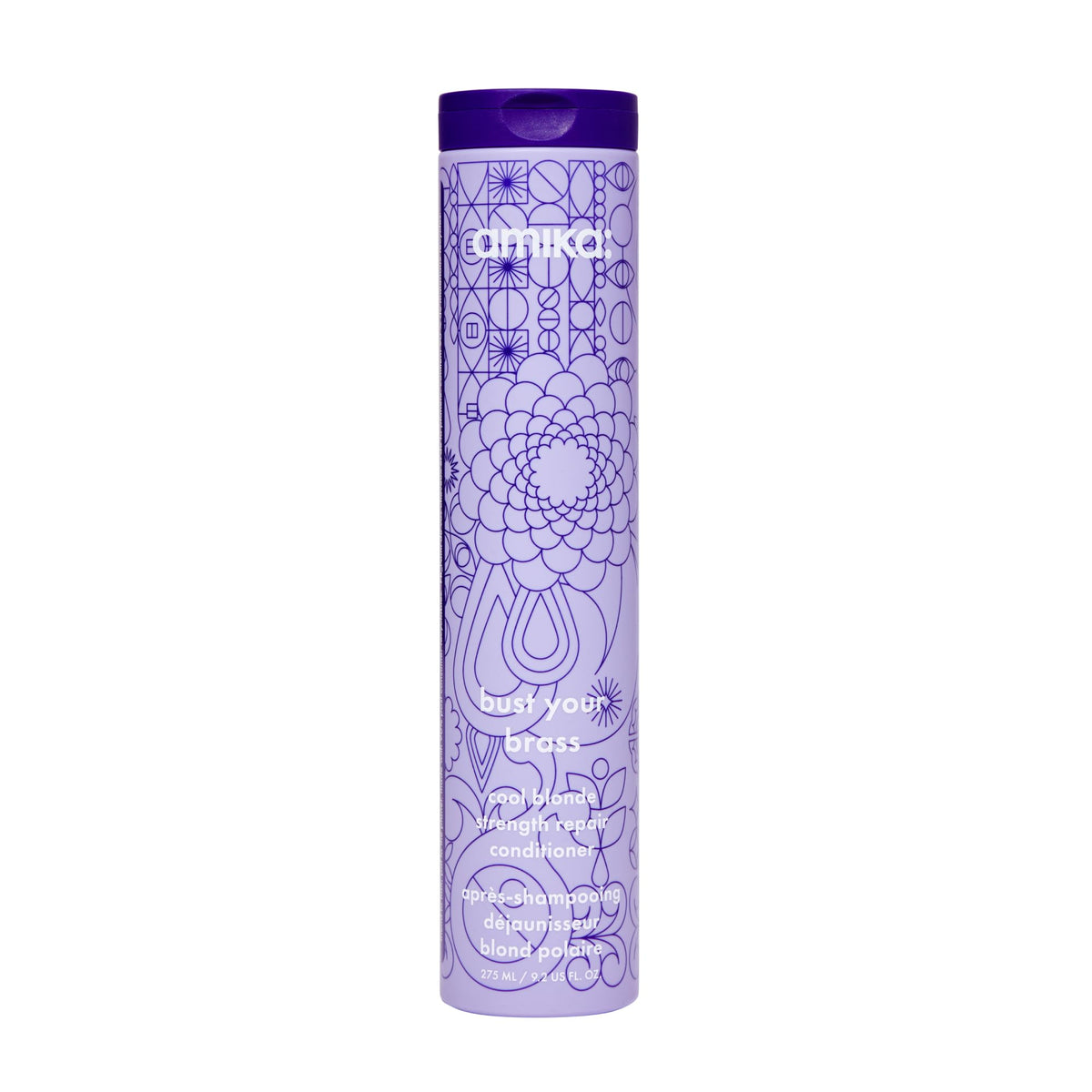 Amika Bust Your Brass Cool Blonde conditioner bottle tones brass with violet pigments.