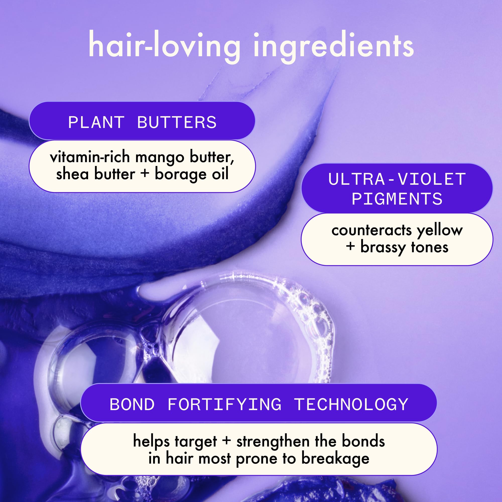 Amika Bust Your Brass Cool Blonde conditioner demonstrates hydration on hair strands.