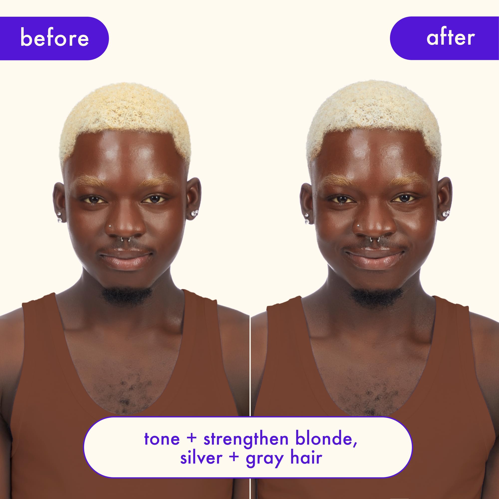 Amika Bust Your Brass before-after image shows cooler blonde with reduced brass.