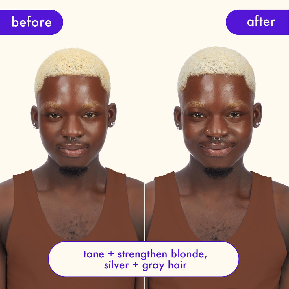 Amika Bust Your Brass before-after image shows cooler blonde with reduced brass.