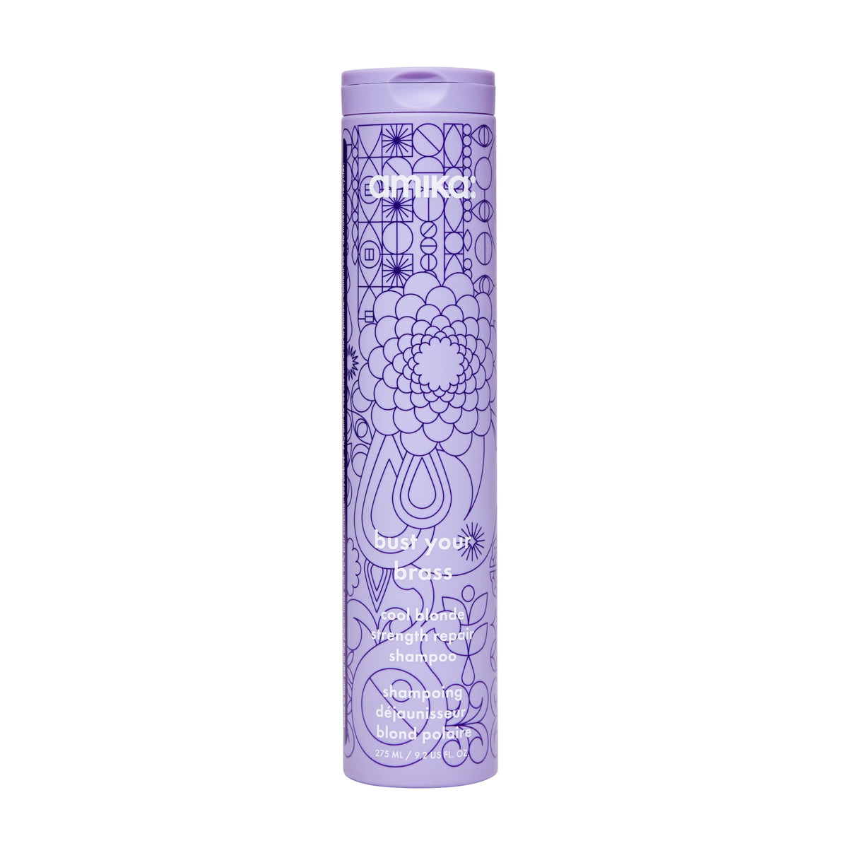 Amika Bust Your Brass bottle front with violet pigments to tone brassiness.