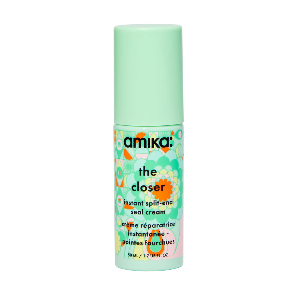 Amika The Closer bottle demonstrates instant split-end sealing for smoother hair.