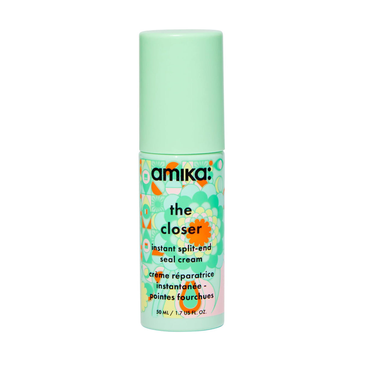 Amika The Closer bottle demonstrates instant split-end sealing for smoother hair.