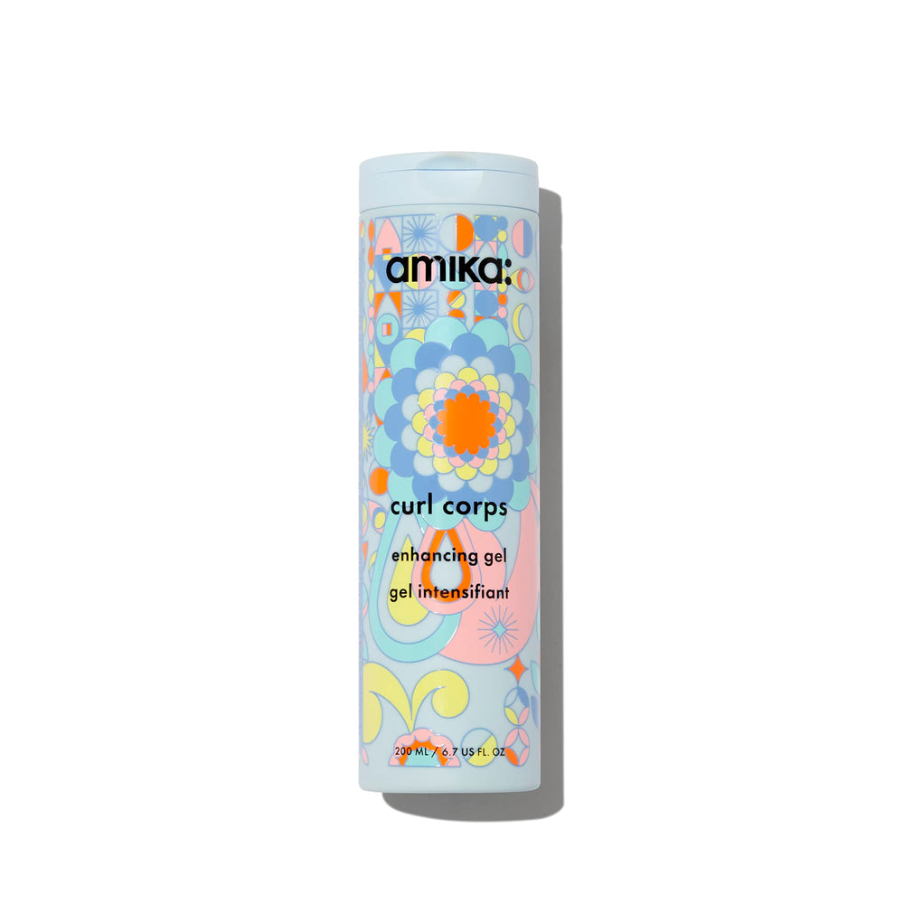 Amika Curl Corps Enhancing Gel bottle for defined, bouncy curls with lasting shine.