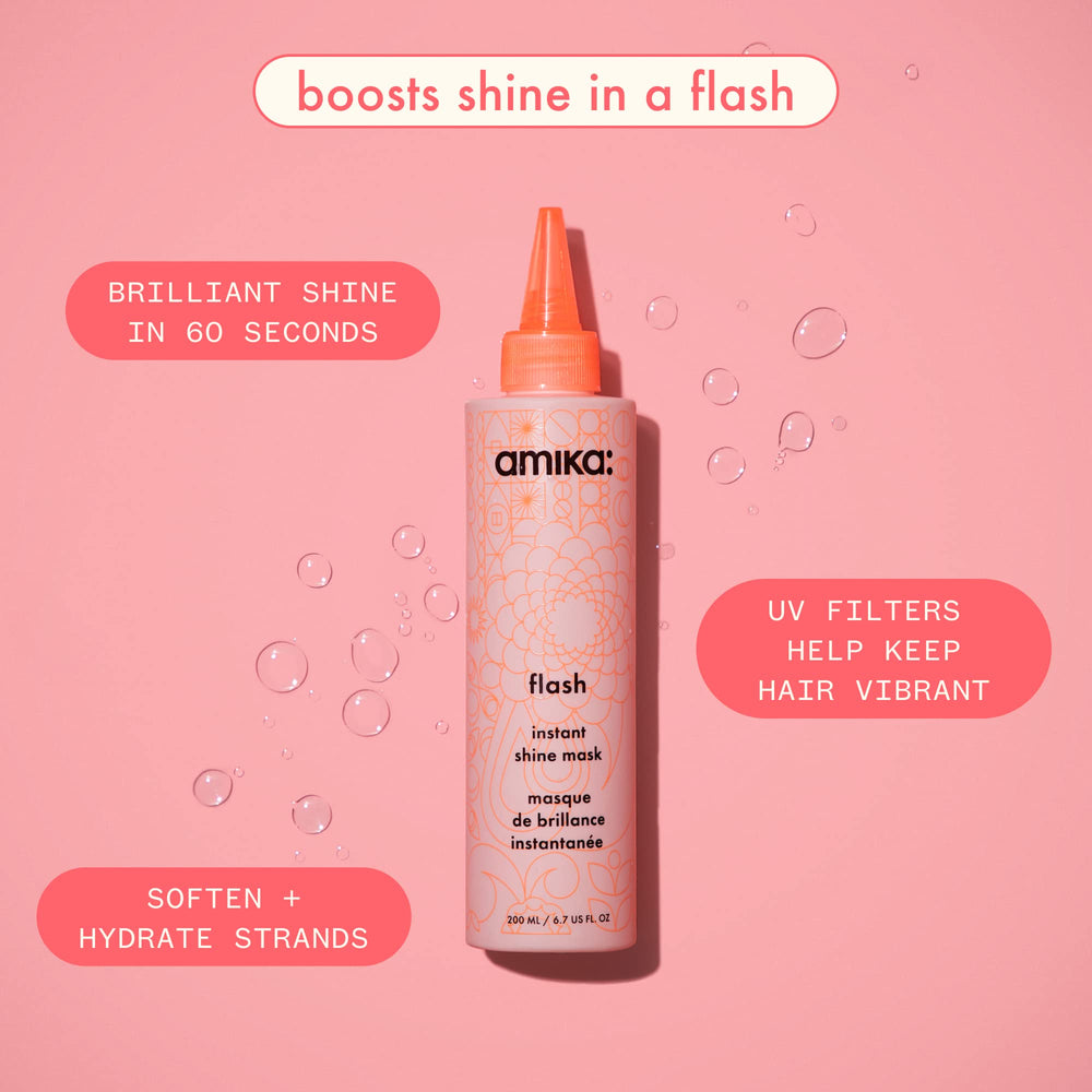 Closeup of Amika label on Flash Instant Shine Mask highlighting quick treatment
