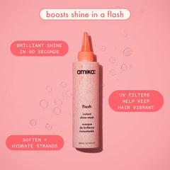 Closeup of Amika label on Flash Instant Shine Mask highlighting quick treatment