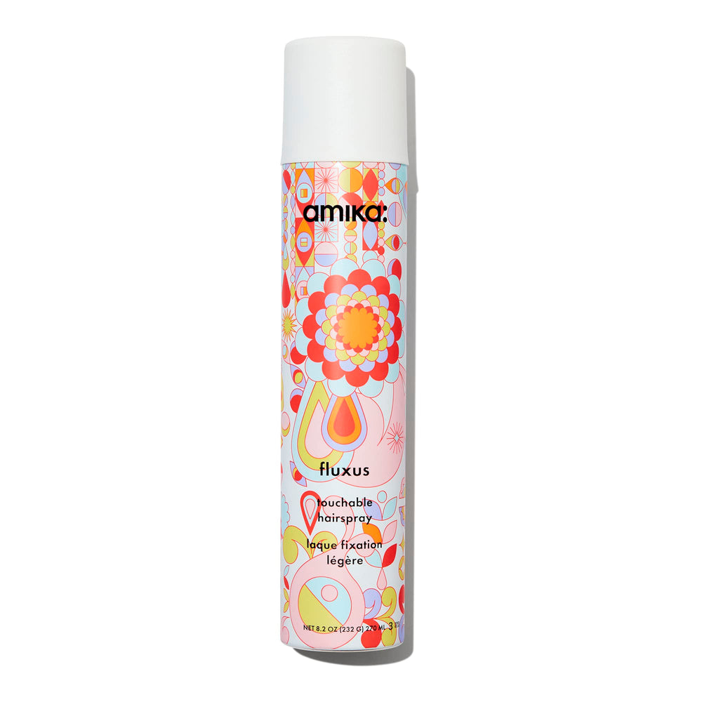 Amika Fluxus hairspray bottle front showing flexible hold for all-day style