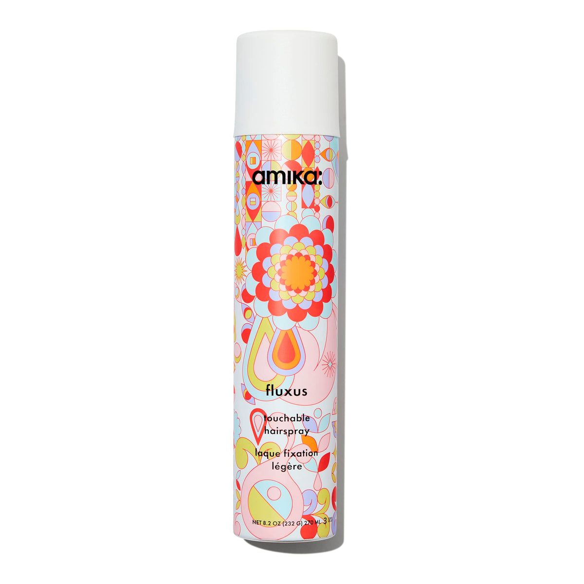 Amika Fluxus hairspray bottle front showing flexible hold for all-day style