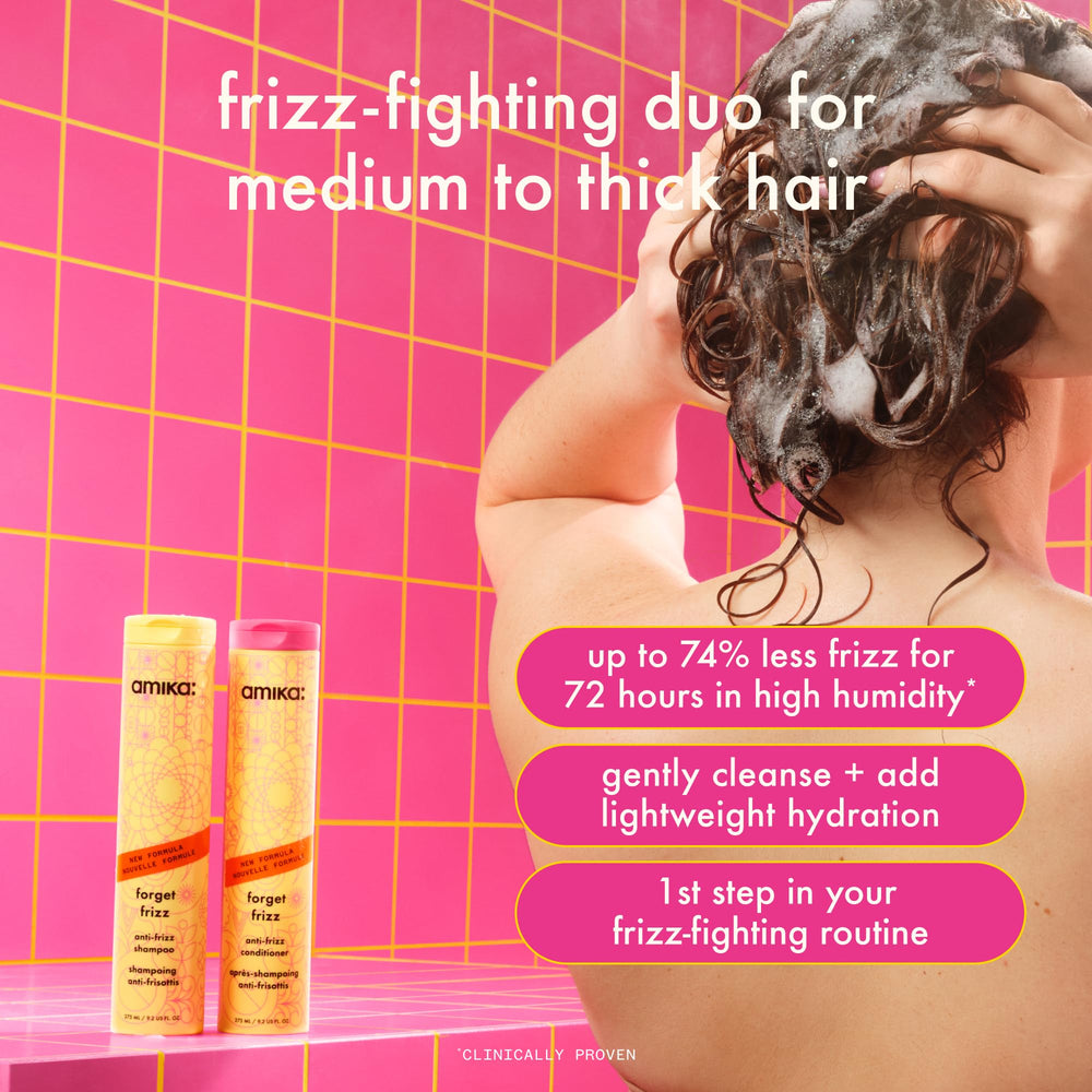 Amika Forget Frizz conditioner label closeup emphasizes key ingredients.